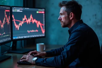 Trader analysant la chute brutale du cours de Solana sur plusieurs écrans avec des graphiques rouges en 2026