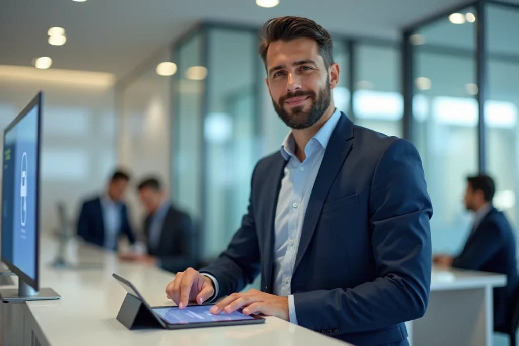 Homme en costume consultant son espace client bancaire sur une tablette dans une agence bancaire moderne