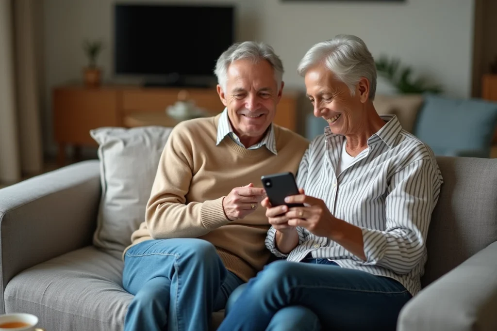 Couple de seniors vérifiant leur espace client bancaire en ligne sur un smartphone dans leur salon