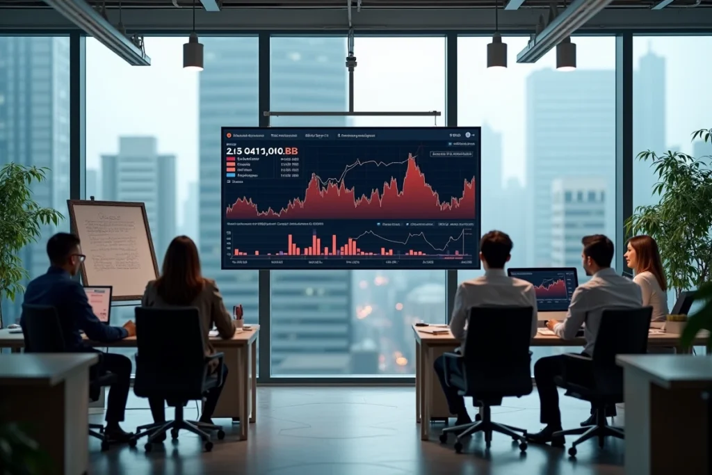 Équipe d'analystes financiers en réunion face à un tableau de bord montrant les signaux baissiers de Solana en 2026