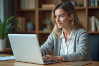 Femme utilisant l'espace client en ligne de sa banque sur un ordinateur portable depuis son bureau à domicile
