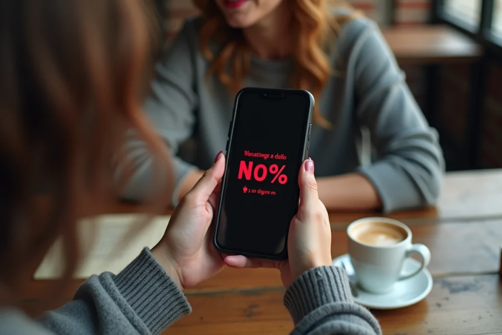 Femme consultant une application crypto montrant la baisse du prix de Solana sur son smartphone dans un café