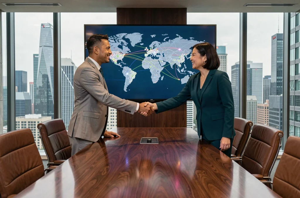 Deux professionnels concluant un accord de paiement international en stablecoin dans une salle de conférence