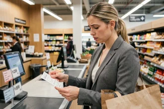 Femme consultant son ticket de caisse dans un supermarché suisse, illustrant le coût de la vie et le budget alimentaire en Suisse