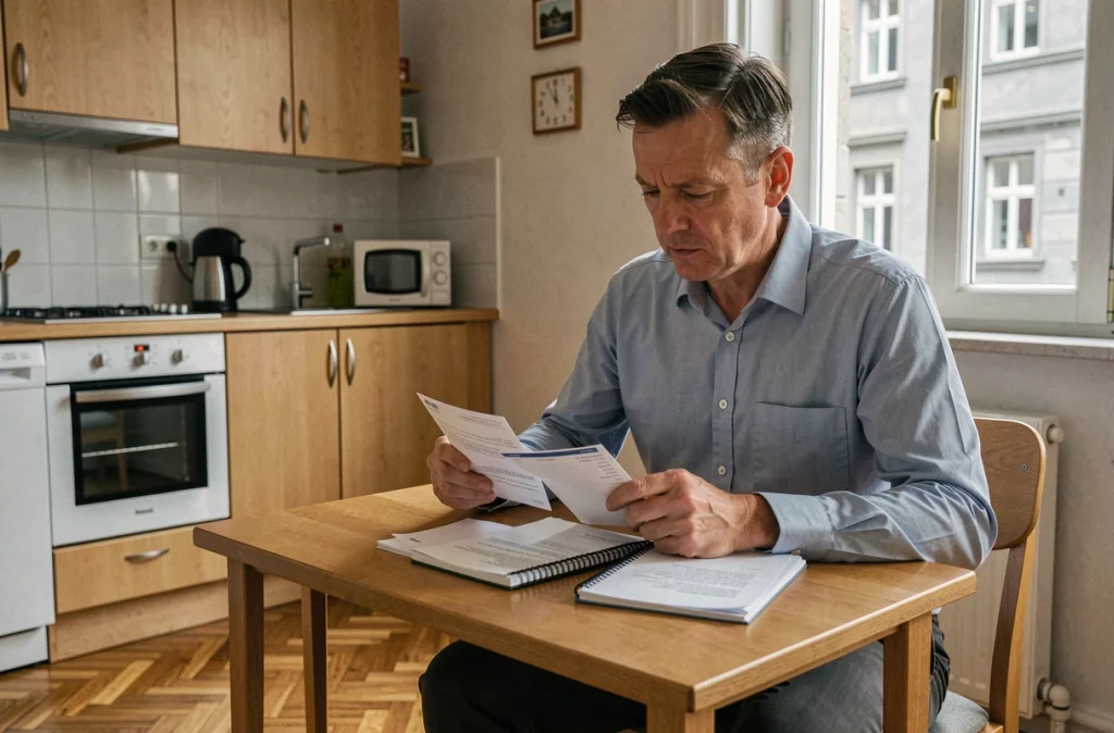 Homme consultant ses factures et son budget mensuel dans un appartement de Genève, illustrant le coût de la vie en Suisse romande