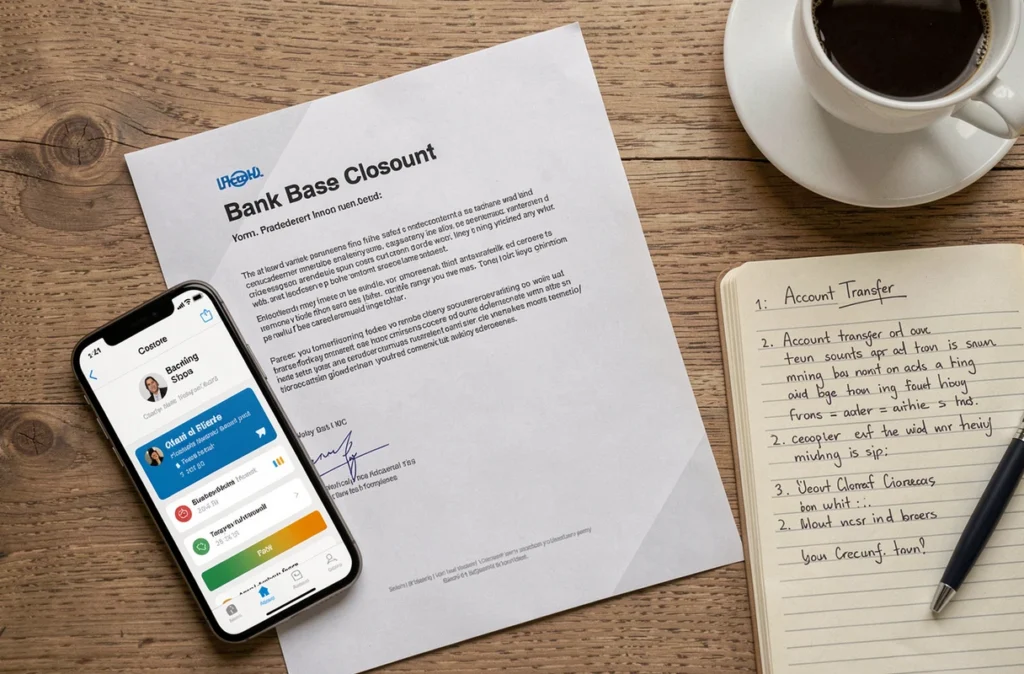 Vue de dessus d'un bureau avec lettre de fermeture de compte bancaire, smartphone et notes pour réagir rapidement