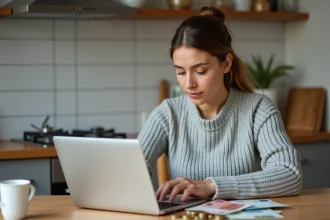 Femme utilisant une calculatrice en ligne pour compter des billets et pièces en euros sur une table de cuisine en bois