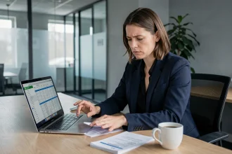 Cheffe d'entreprise analysant des documents financiers à son bureau pour gérer un imprévu de trésorerie avec Flex LCL