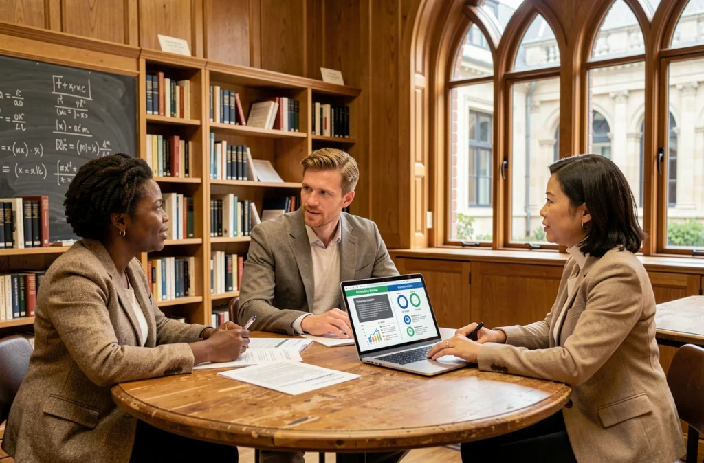 Groupe de chercheurs universitaires discutant d'indicateurs économiques alternatifs au PIB autour d'une table dans une salle de séminaire académique