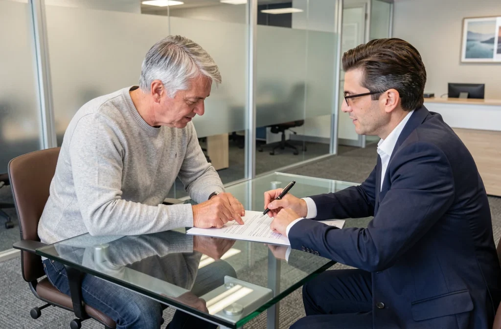 Client et conseiller en assurance examinant ensemble les clauses d'un contrat Qlara dans une agence moderne