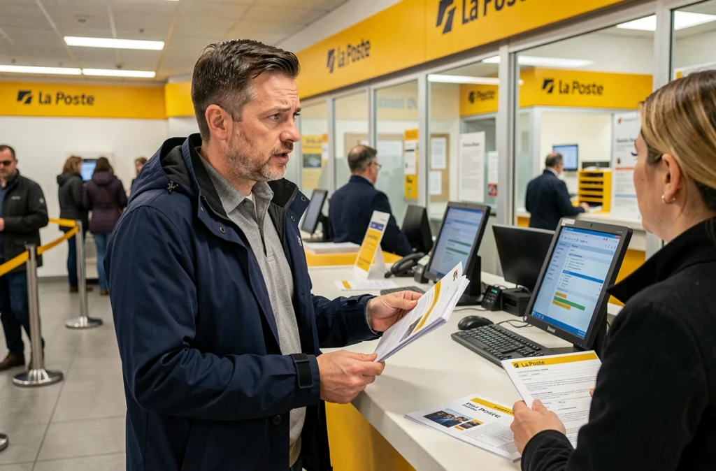 Client en discussion avec un conseiller à un guichet de La Banque Postale suite à une fermeture de compte inattendue