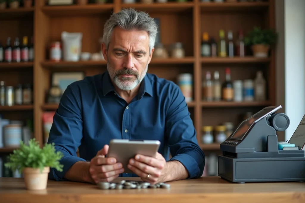 Commerçant utilisant une calculatrice en ligne sur tablette pour calculer la monnaie en euros dans une petite boutique