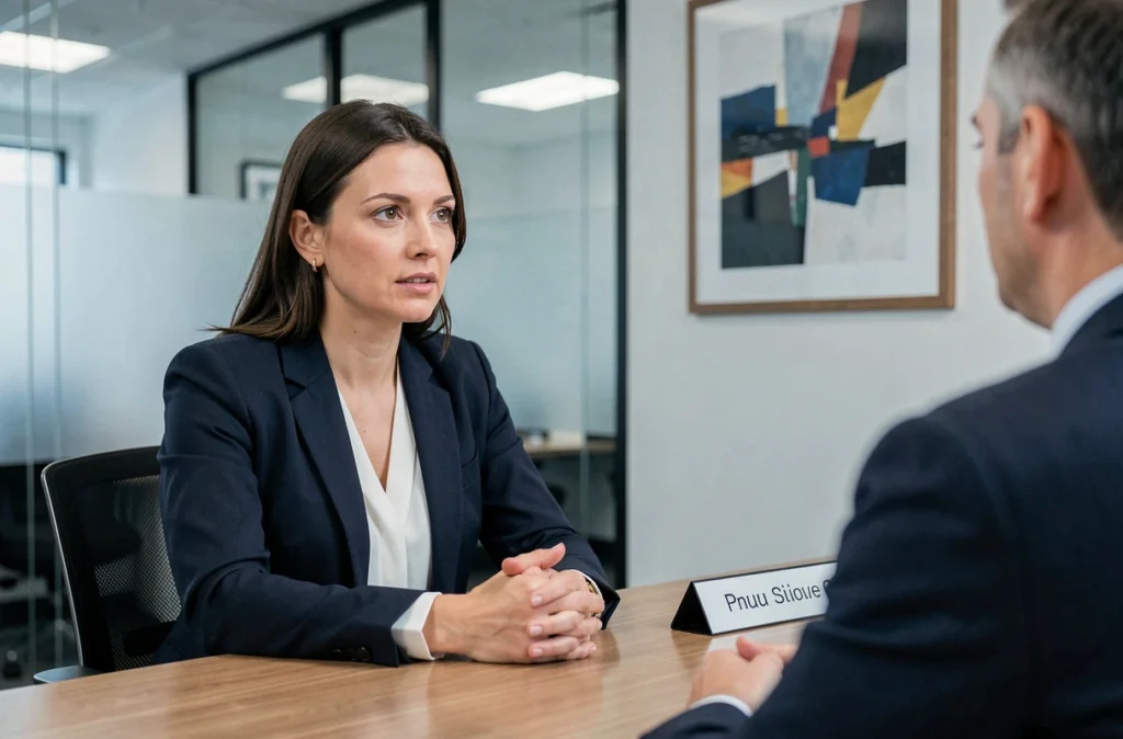 Femme en consultation bancaire pour un prêt immobilier dans une agence professionnelle moderne