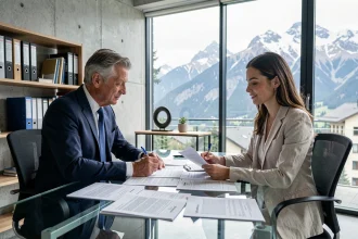 Conseiller fiscal et cliente discutant d'une transmission patrimoniale de yacht en Andorre dans un bureau moderne avec vue sur les Pyrénées