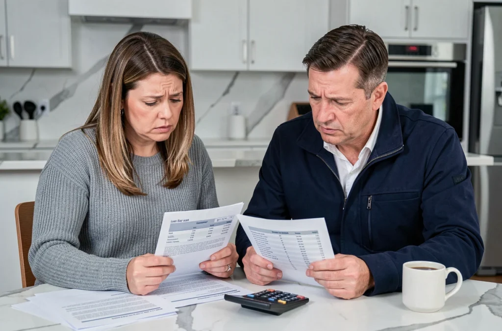 Couple examinant des documents de comparaison de prêt immobilier à une table de cuisine moderne