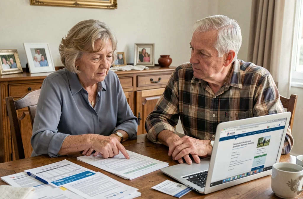 Couple de retraités étudiant ensemble leurs avis de pension et formulaires fiscaux liés à la CSG et aux petites retraites