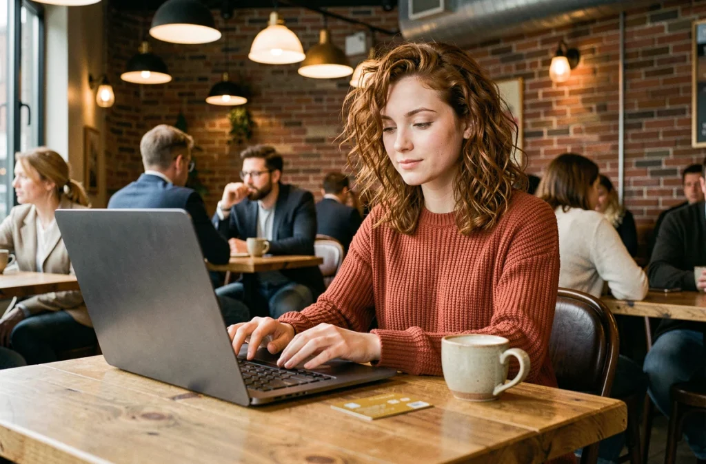 Jeune femme débloquant sa carte bancaire en ligne depuis un café avec son ordinateur portable