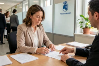 Femme consultant un agent du centre des impôts au guichet d'un SGC Nord Vendée