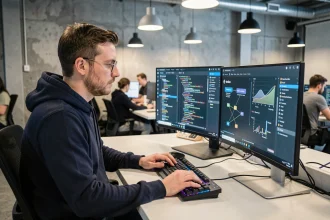 Développeur Ethereum travaillant sur une mise à jour réseau blockchain dans un bureau technologique moderne