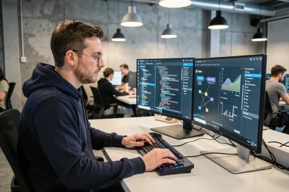 Développeur Ethereum travaillant sur une mise à jour réseau blockchain dans un bureau technologique moderne