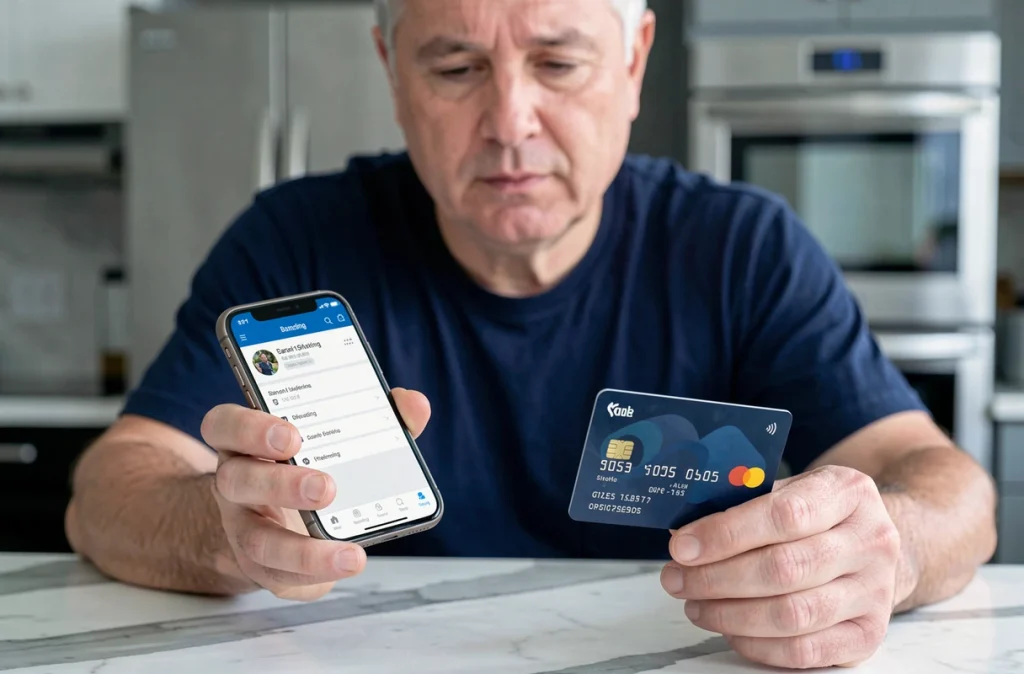 Homme utilisant une application bancaire mobile pour déverrouiller sa carte de crédit