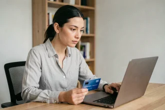 Femme déverrouillant sa carte bancaire en ligne depuis son bureau à domicile