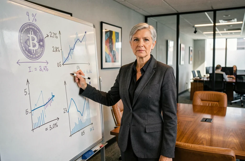 Directrice financière française présentant une stratégie d'investissement en bitcoin lors d'une réunion de direction