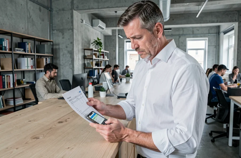 Entrepreneur debout dans un espace de coworking consultant une facture et une calculatrice pour convertir le montant HT en TTC