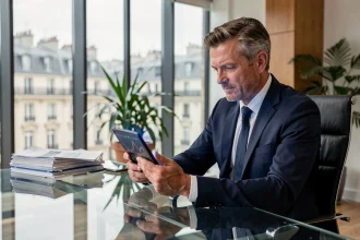 Entrepreneur français analysant un graphique Bitcoin sur tablette dans un bureau parisien moderne