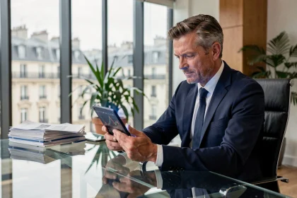 Entrepreneur français analysant un graphique Bitcoin sur tablette dans un bureau parisien moderne