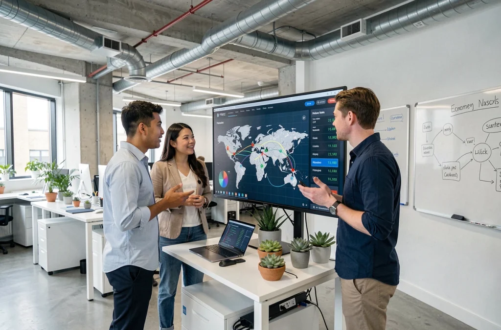 Équipe de professionnels dans un bureau fintech analysant un tableau de bord de transactions blockchain internationales