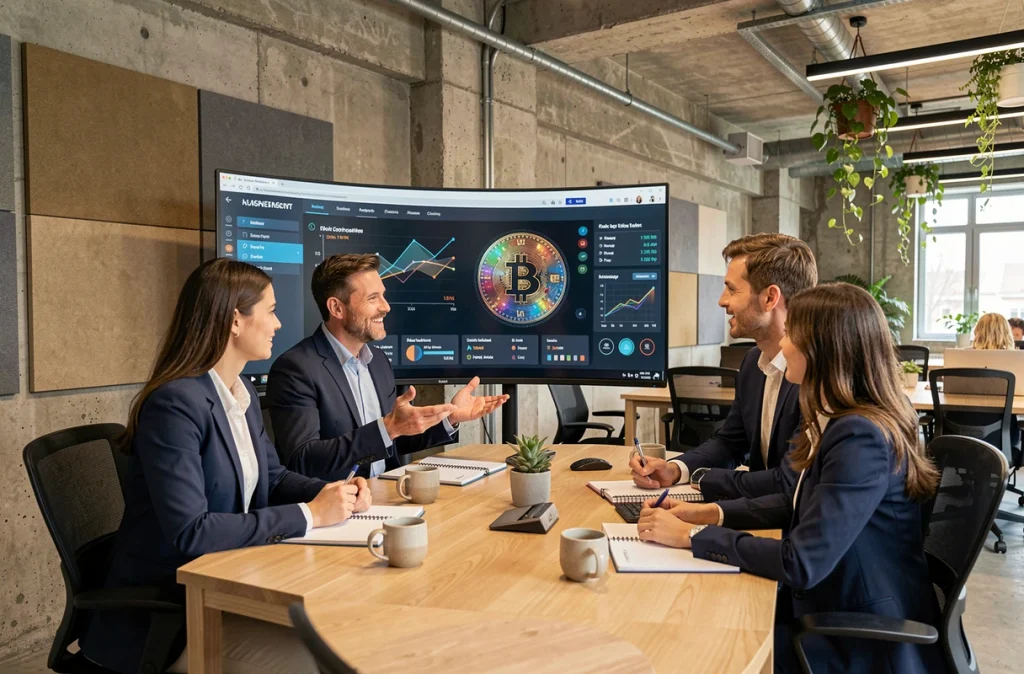 Équipe de professionnels français discutant d'un tableau de bord crypto-monnaie bitcoin en entreprise