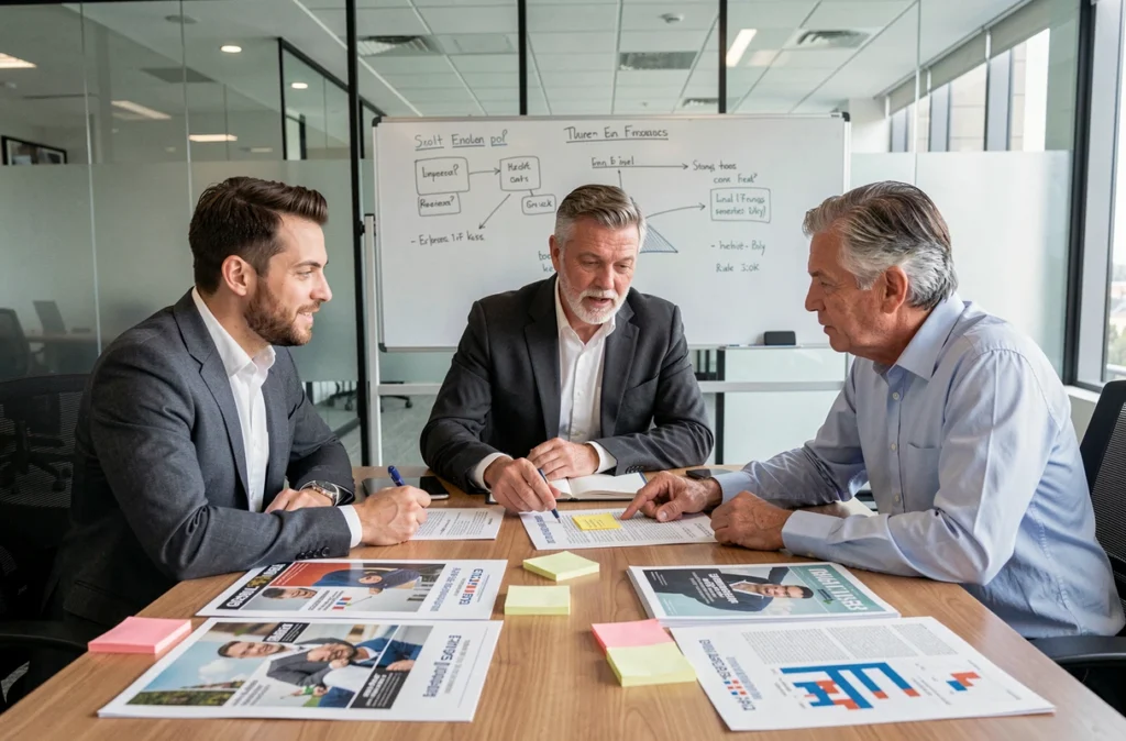 Équipe de professionnels de l'assurance analysant des magazines sectoriels pour définir une stratégie commune