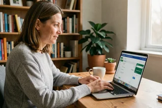 Femme consultant son Espace Particulier LCL sur un ordinateur portable dans un bureau à domicile sécurisé