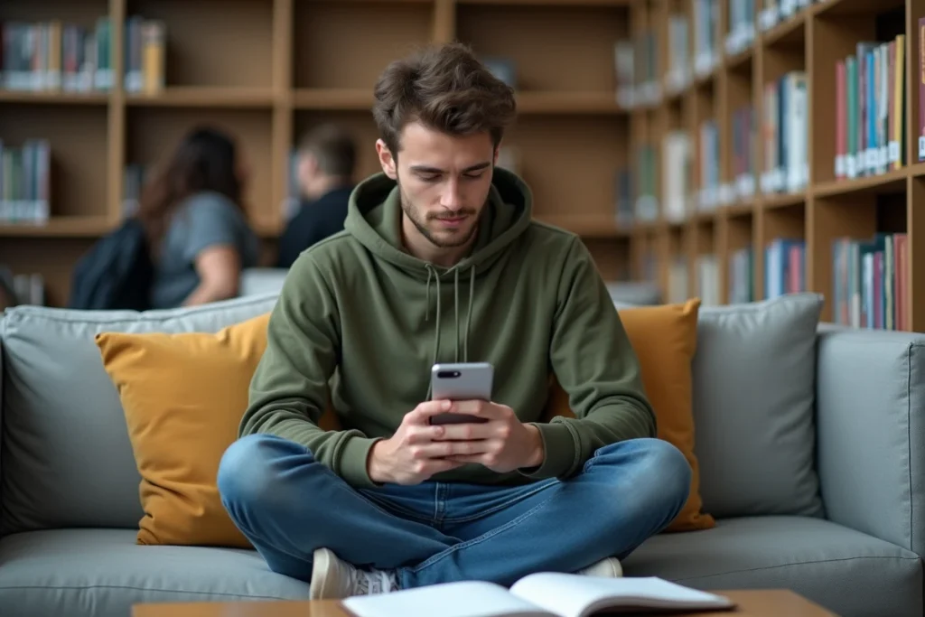 Étudiant utilisant une application calculatrice en ligne sur smartphone pour gérer son budget en euros dans une bibliothèque