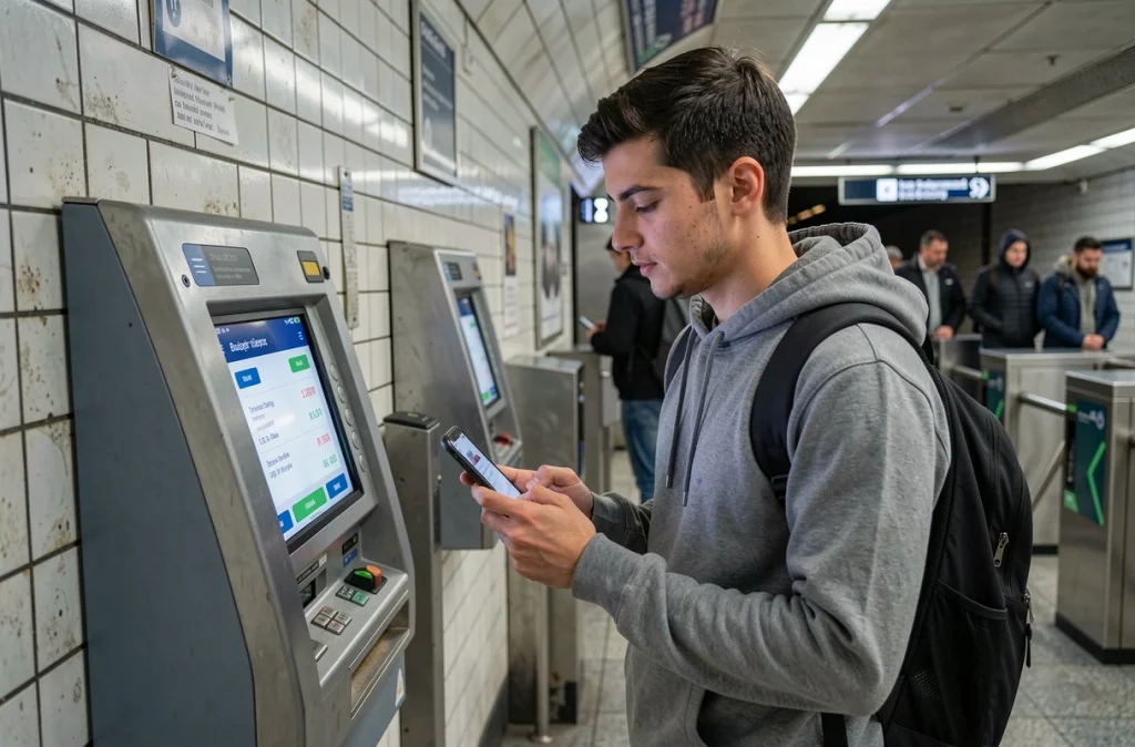 Étudiant consultant son application de budget pour gérer ses dépenses de transport en commun dans le métro
