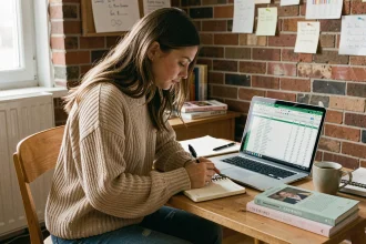 Étudiante gérant son budget mensuel avec un carnet et un tableau Excel dans son studio universitaire