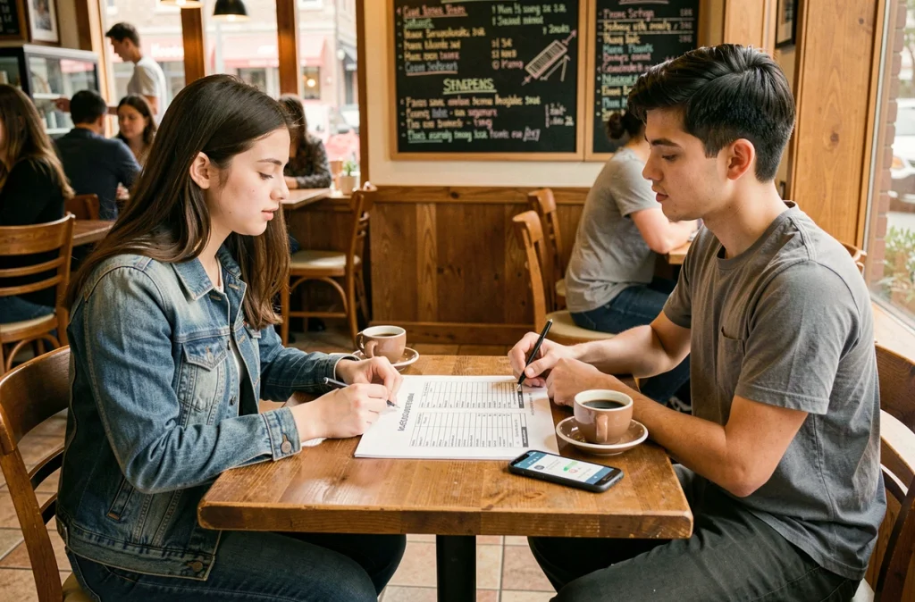 Deux étudiants qui planifient leurs sorties et loisirs en consultant un tableau de budget mensuel dans un café