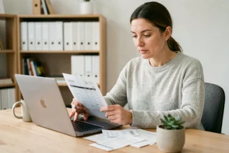 Femme auto-entrepreneur calculant une facture HT et TTC sur son bureau à domicile avec ordinateur portable et documents comptables