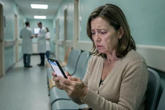 Femme inquiète consultant une cagnotte en ligne sur son smartphone dans une salle d'attente d'hôpital