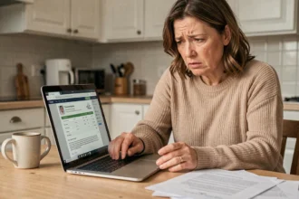 Femme stressée lisant une lettre de fermeture de compte bancaire à La Banque Postale à son domicile