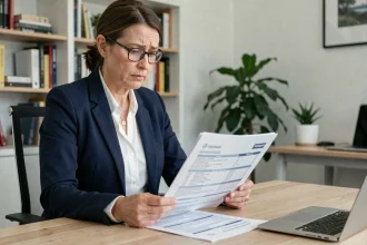 Femme d'affaires lisant attentivement les petites lignes d'un contrat d'assurance Qlara à son bureau à domicile