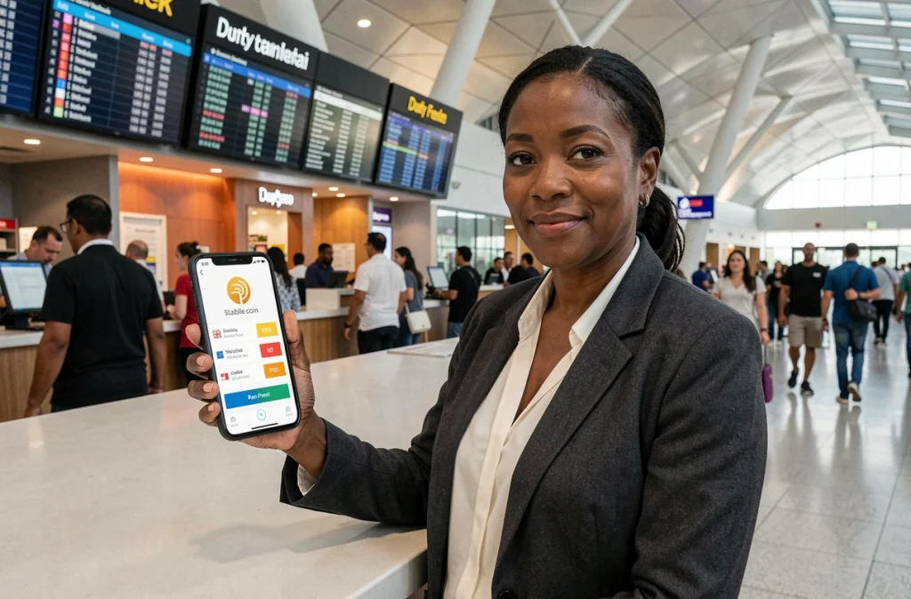 Femme effectuant un paiement en stablecoin via smartphone dans un terminal d'aéroport international