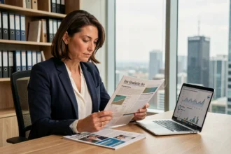 Femme professionnelle consultant Assurances Magazine pour piloter sa stratégie assurance dans un bureau moderne