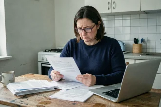 Femme seule consultant des documents administratifs sur le RSA à son domicile