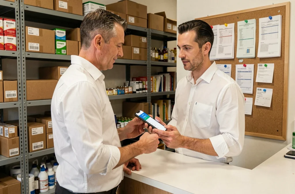 Gérant de commerce consultant une application bancaire mobile pour activer une solution de trésorerie d'urgence LCL