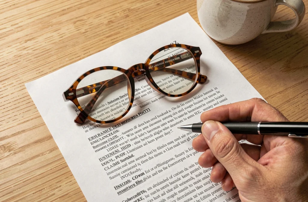 Gros plan d'un contrat d'assurance Qlara avec les petites lignes visibles, lunettes de lecture et stylo posés sur le document