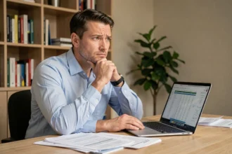 Homme pensif devant des documents de prêt immobilier Casden sur un bureau en bois à domicile