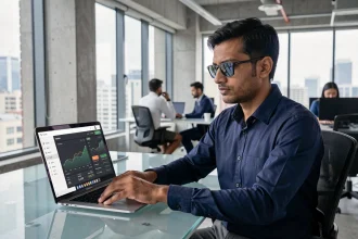 Homme travaillant sur un tableau de bord de transactions en stablecoins dans un bureau fintech moderne
