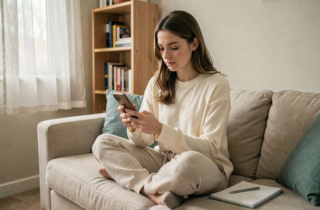 Jeune femme seule recherchant ses droits au RSA sur smartphone dans son appartement